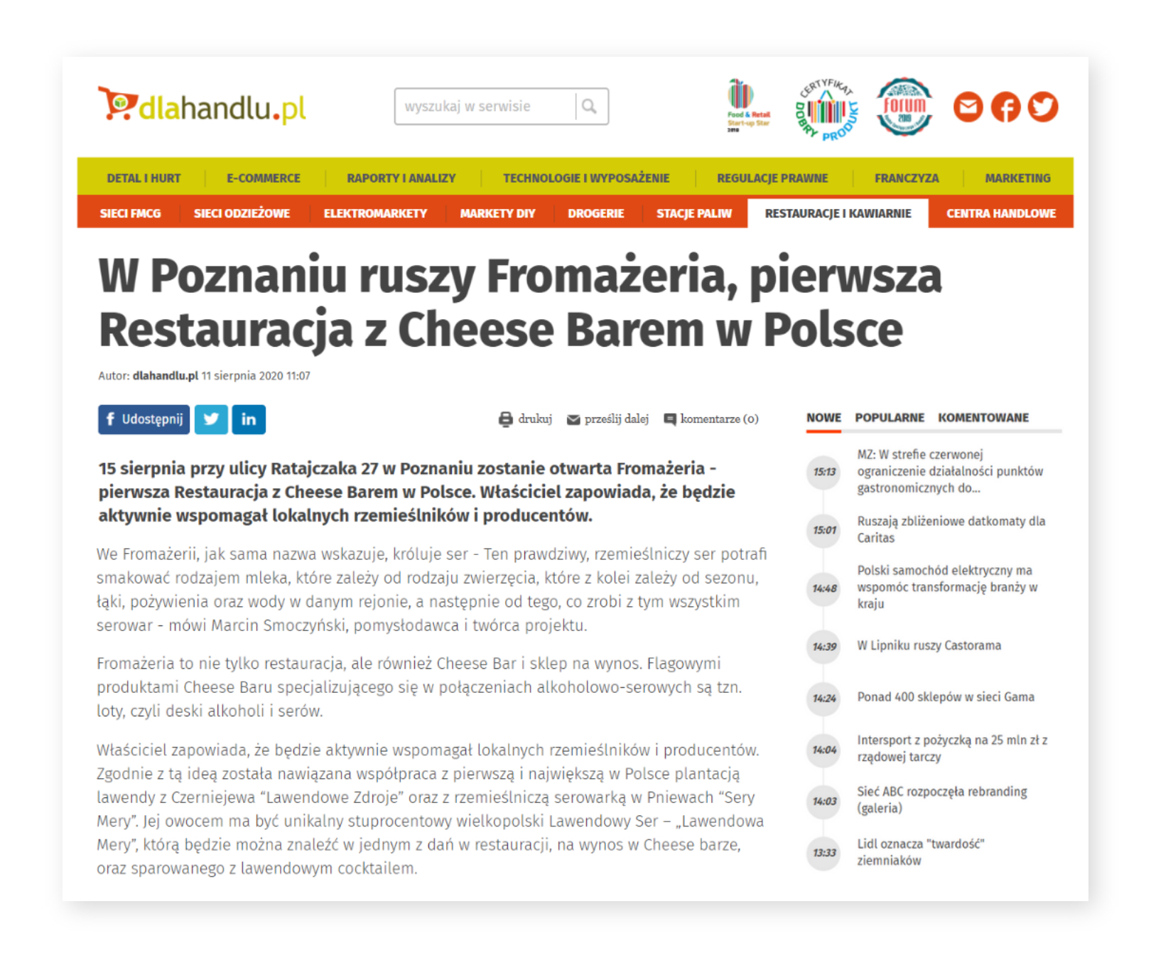 Artykuł dlahandlu.pl Fromażeria - pierwsza restauracja z cheese barem w Polsce