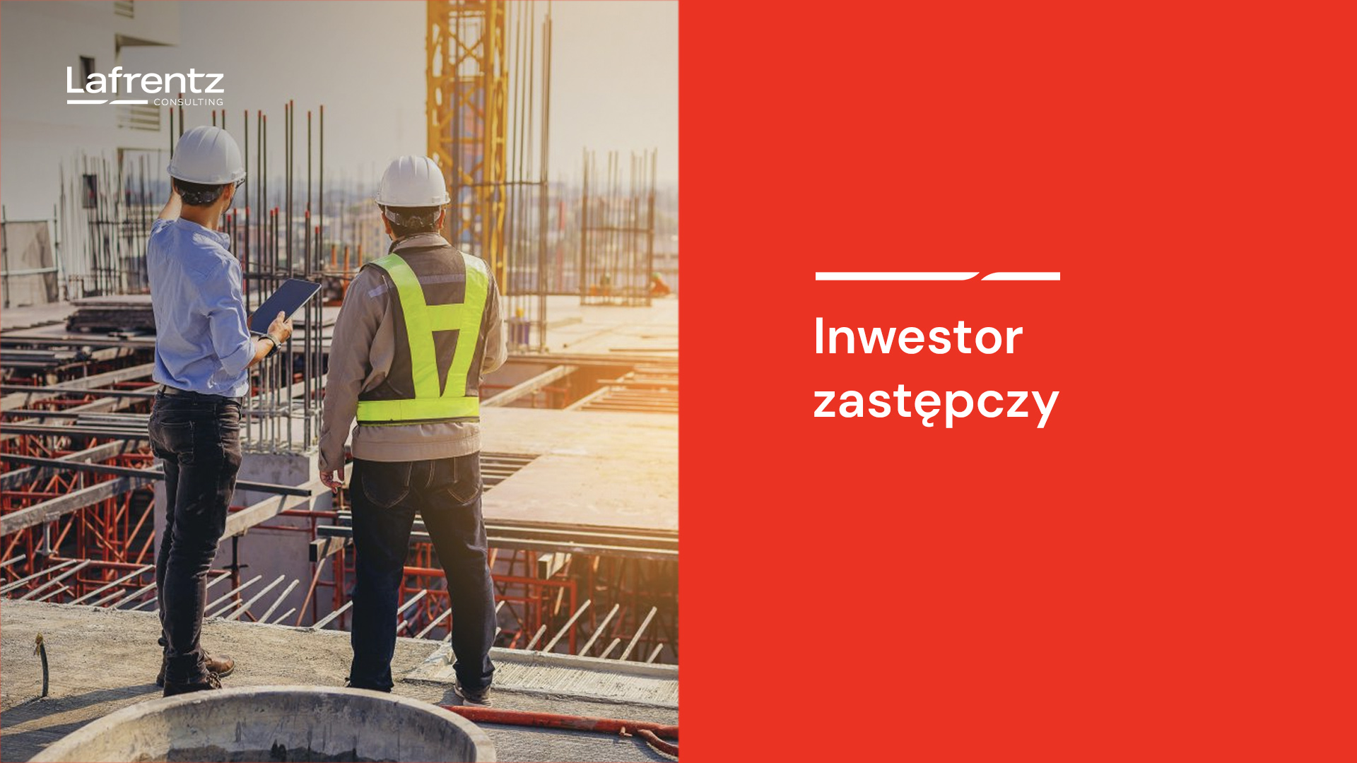 pracownicy na budowie po lewej stronie, po prawej czerwone tło z białym. tekstem 