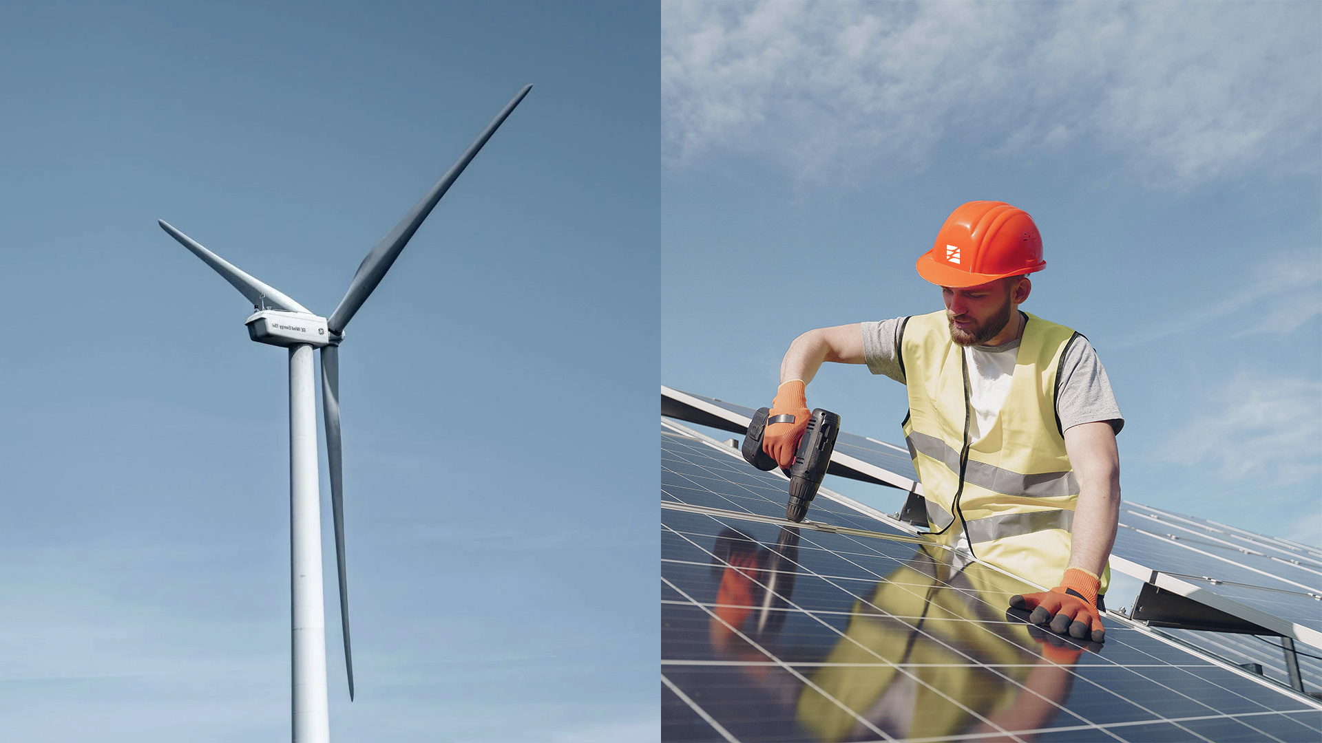 po lewej turbina wiatrowa na tle niebieskiego nieba, po lewej mężczyzna montujący panele fotowoltaiczne