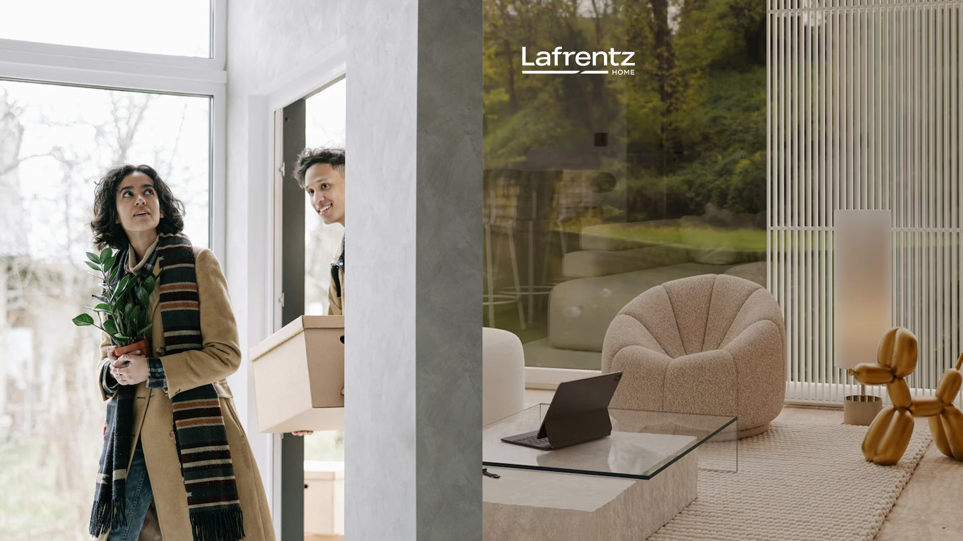 para wchodząca do nowego mieszkania ii widok salonu z olbrzymim oknem i okrągłym fotelem