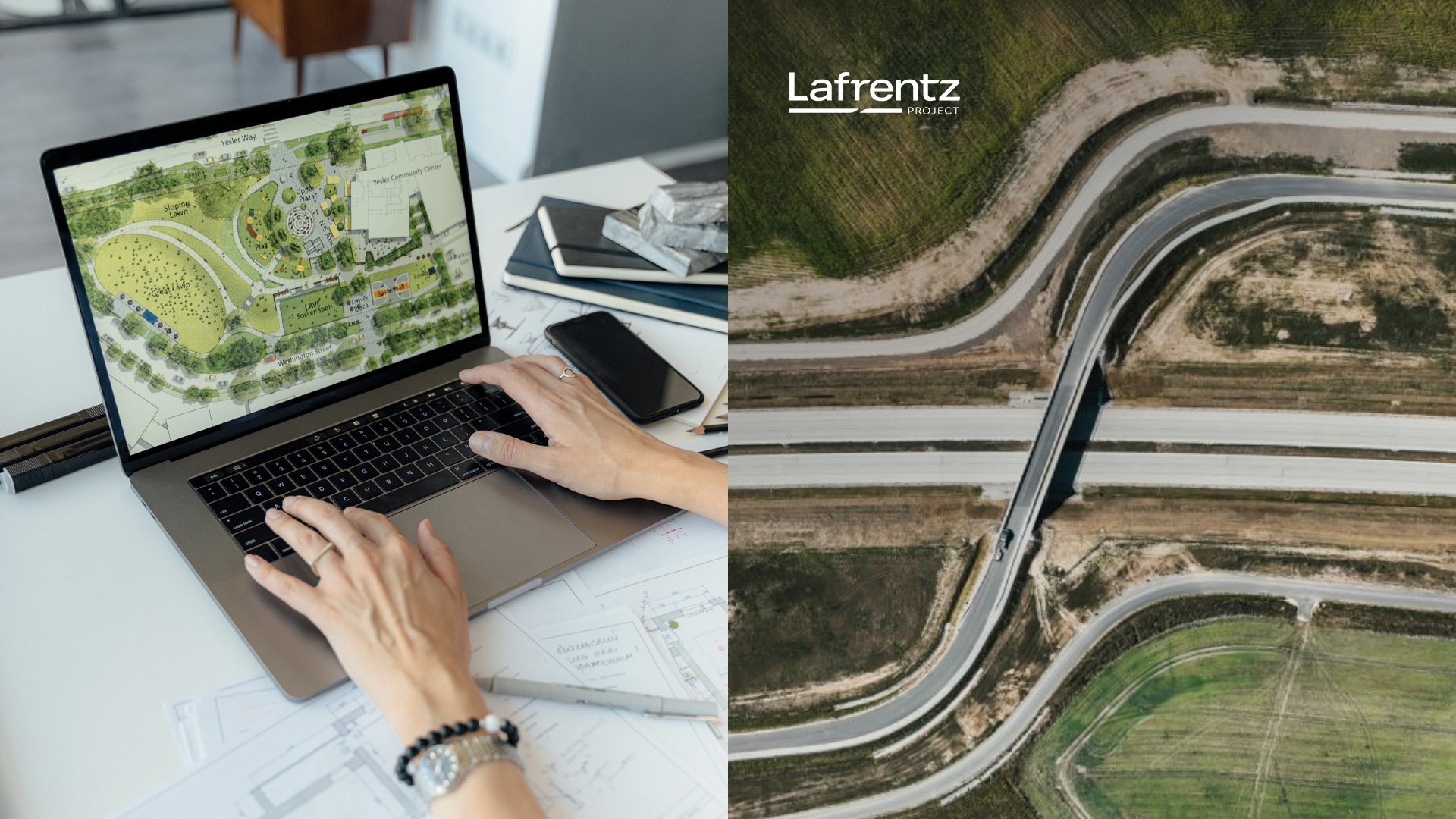 po lewej kobiece dłonie pracujące na laptopie, po prawej widok plątaniny dróg widocznych z lotu ptaka