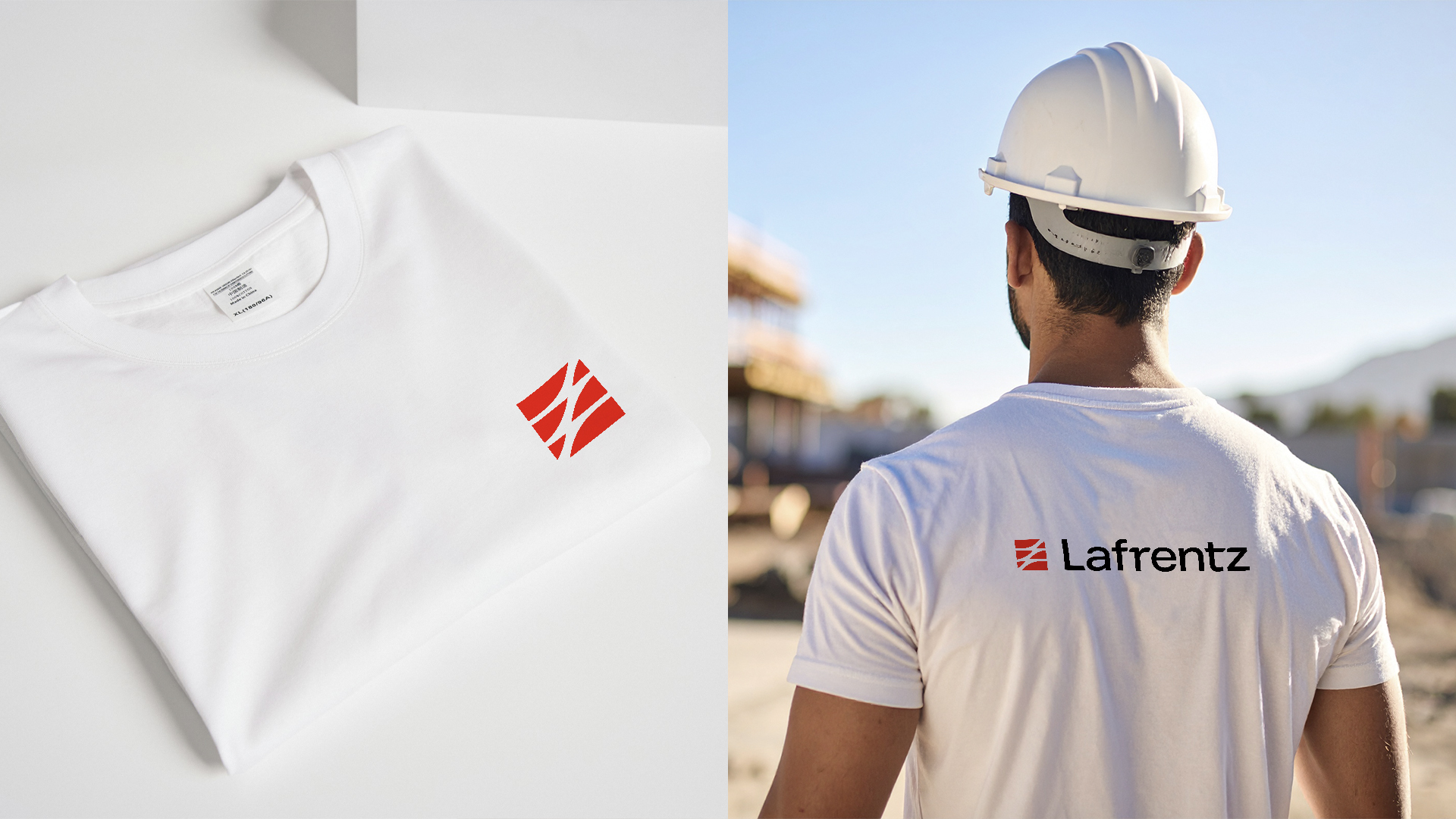 zdjęcie. podzielone na pół, z lewej złożony, biały t-shirt z czerwonym logo, z prawej mężczyzna w białym kasku, w białym t-shircie z logo lafrentz na plecach