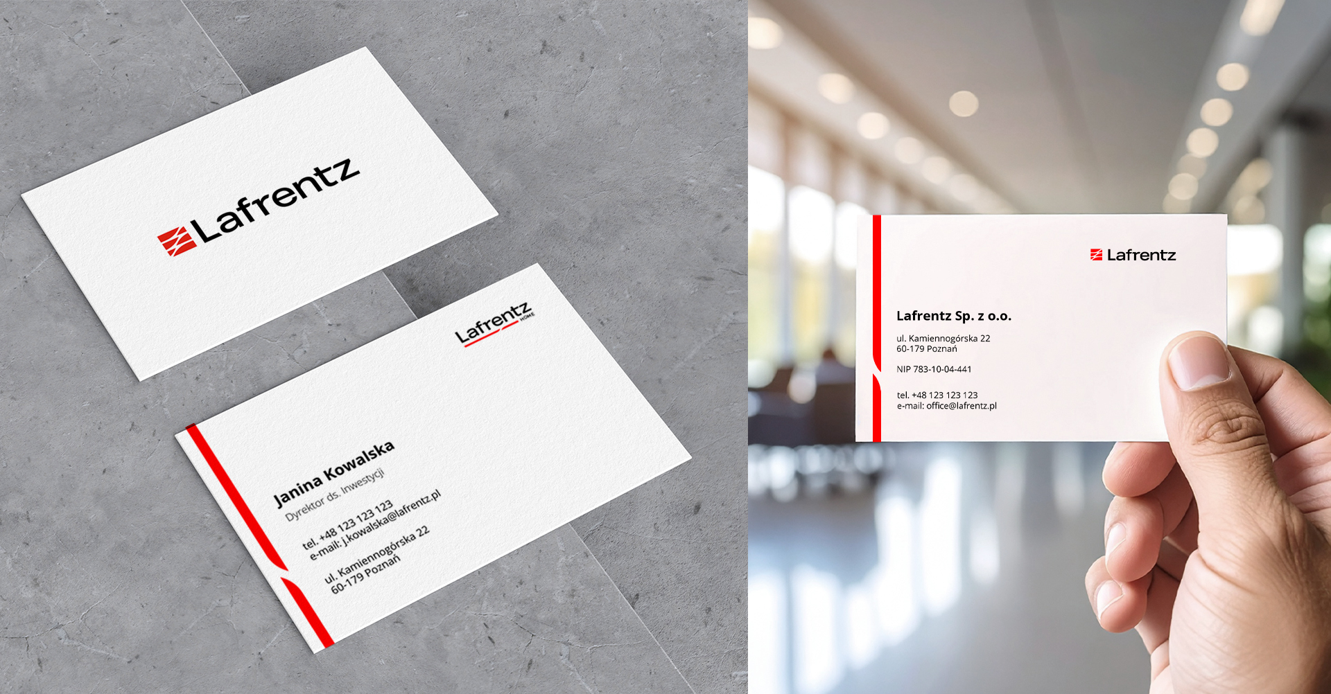 wizytówki na szarym betonowym blacie i dłoń trzymająca jedną wizytówkę w palcach