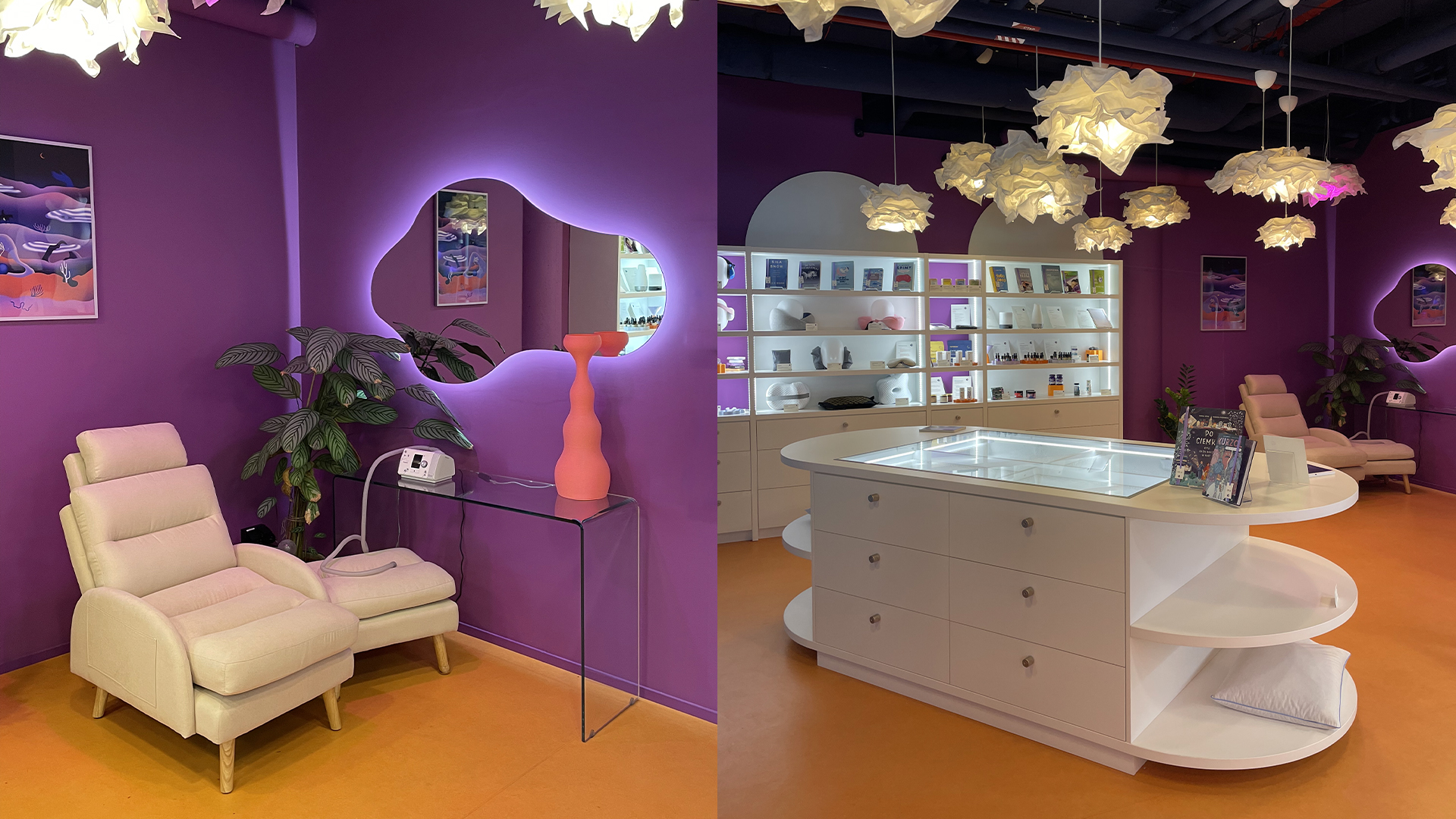inetrior design of a medical shop,with violet walls and orange floor