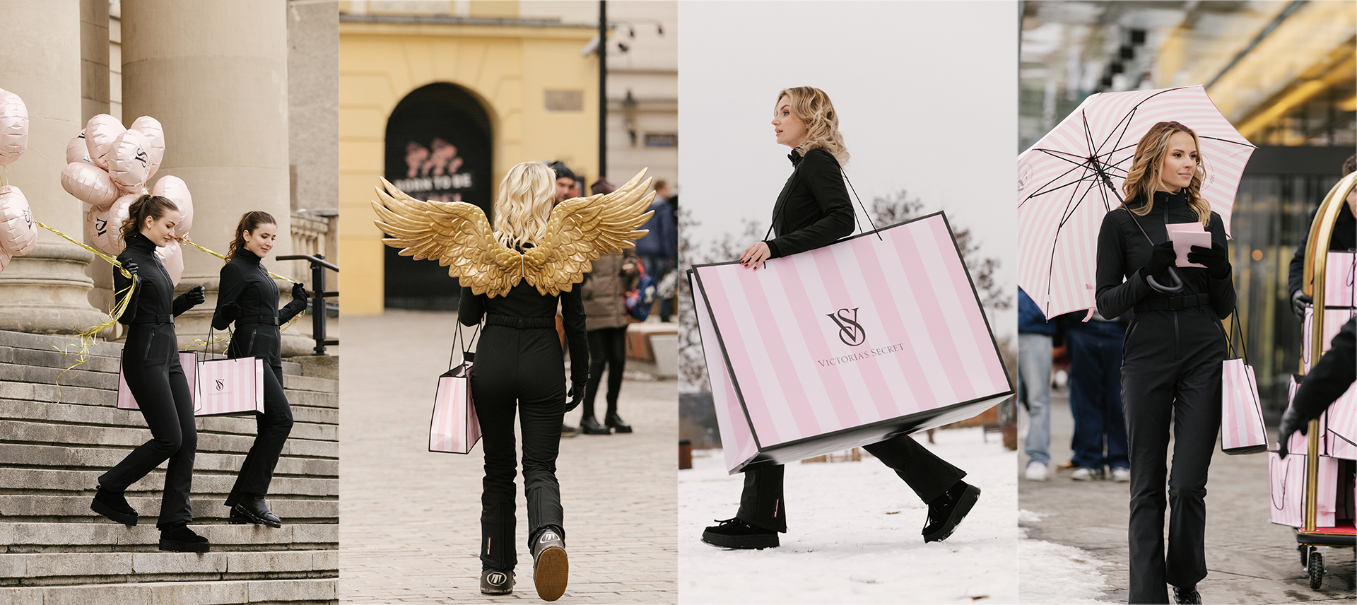 dziewczyny z gadżetami Victoria's Secret spacerują po mieście.
