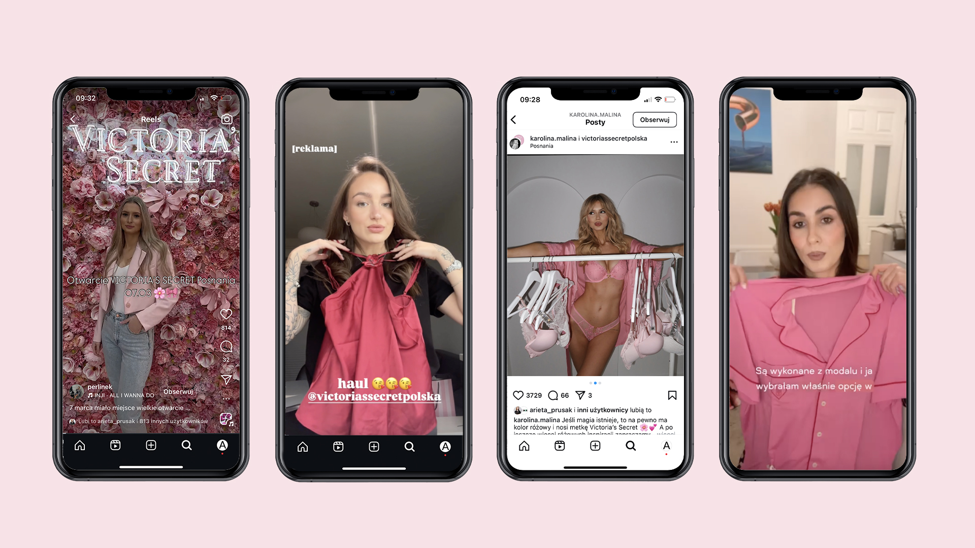 cztery telefony na różowym tle z wyświetlonymi zdjęciami influencerek z bielizna victoria's secret