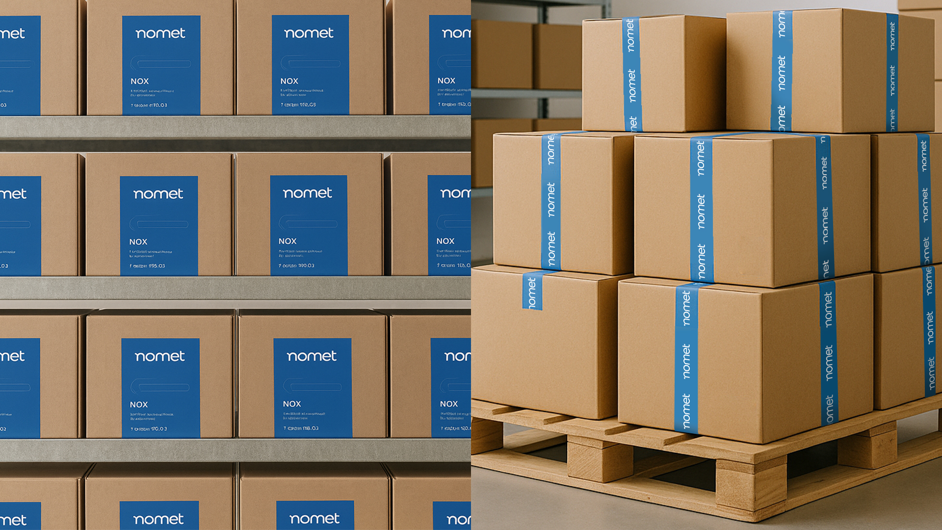 bog cardboard boxes with blue stickers and. tapes, boxes placed in a storage