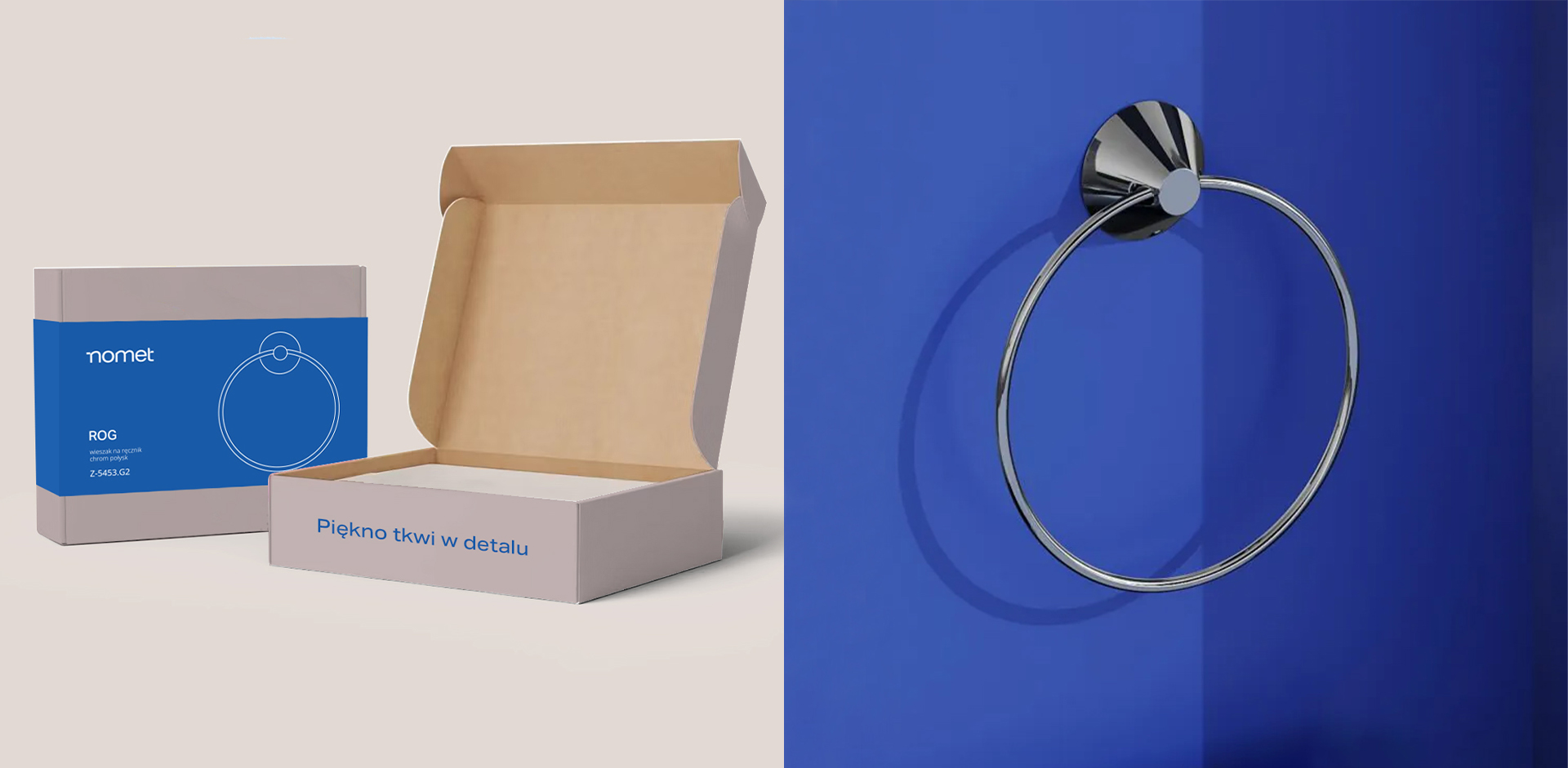 mock up of a packagng, beige box with blue banderole