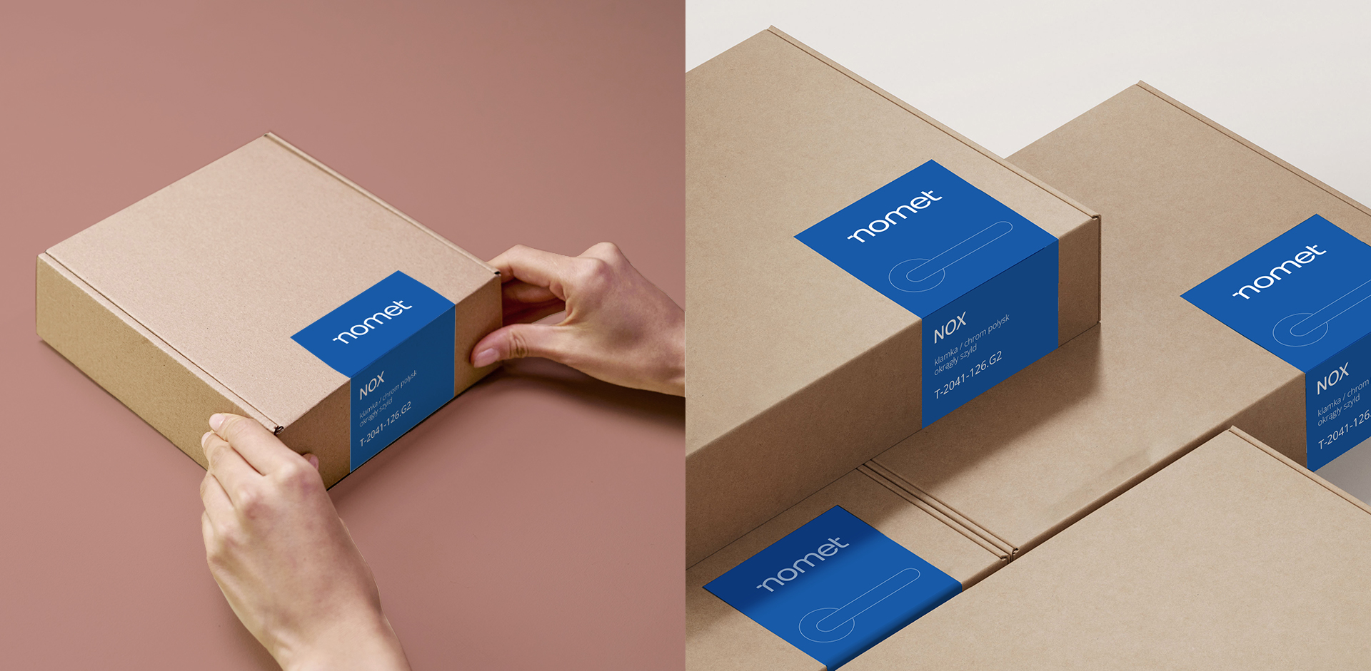 cardboard boxes with a blue sticker