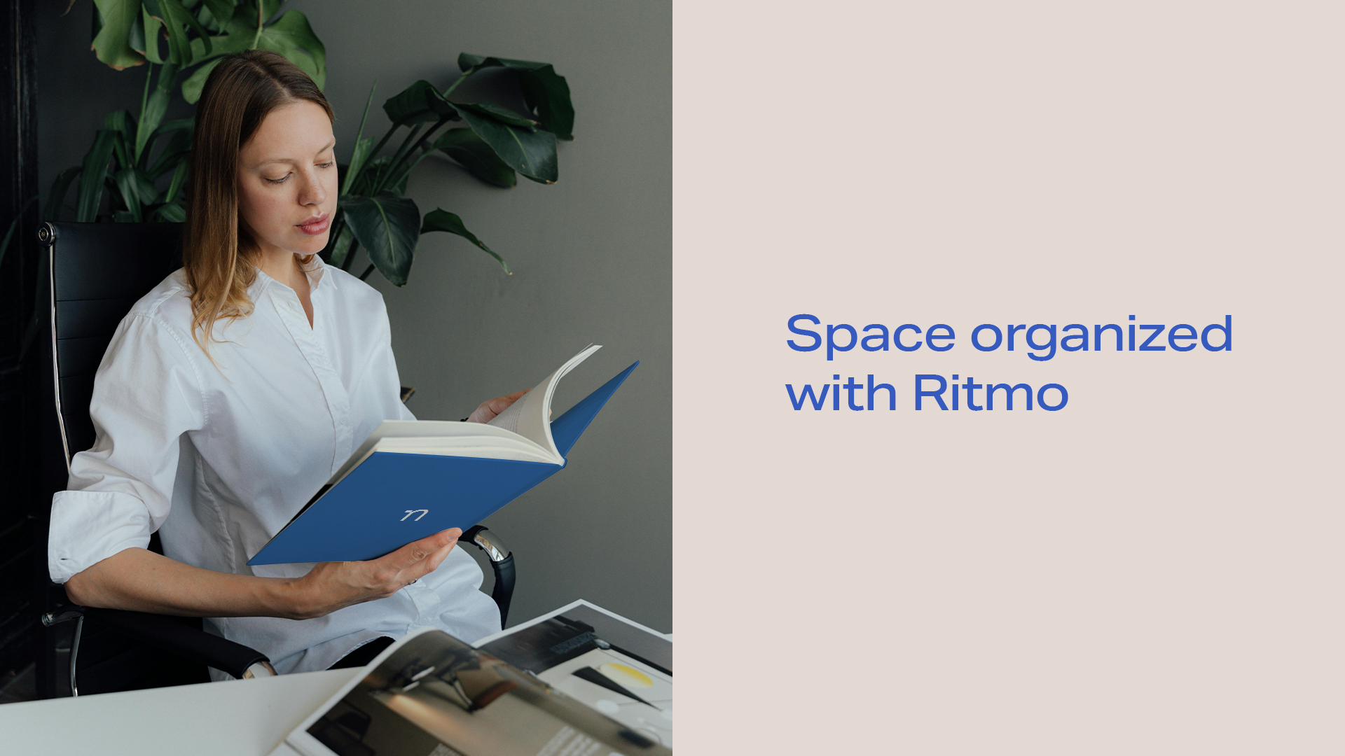 woman reading nomet's catalogue in a blue cover and a blue claim on beige background