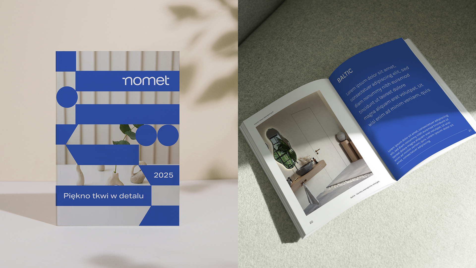 two views of a catalogue - the cover and the inside with a blue page