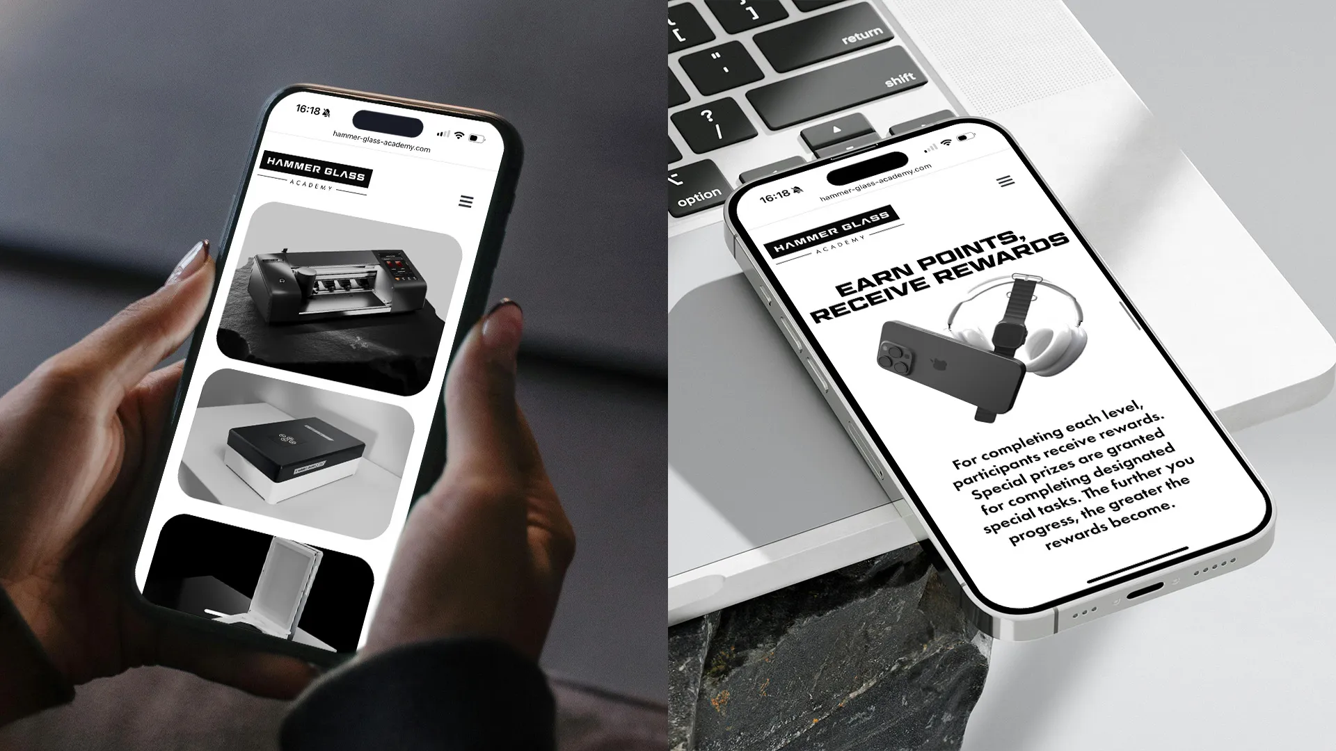 Strona internetowa Hammer Glass Academy przedstawiona w wersji mobilnej oraz na laptopie.