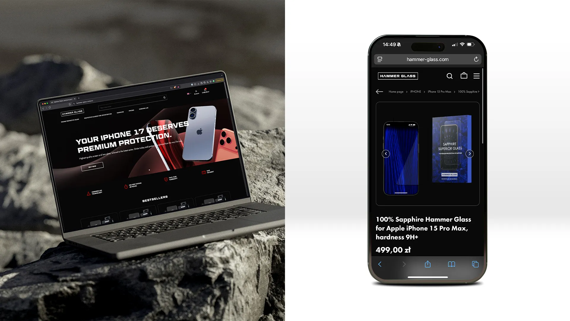 Strona internetowa Hammer Glass przedstawiona w wersji mobilnej oraz na laptopie.