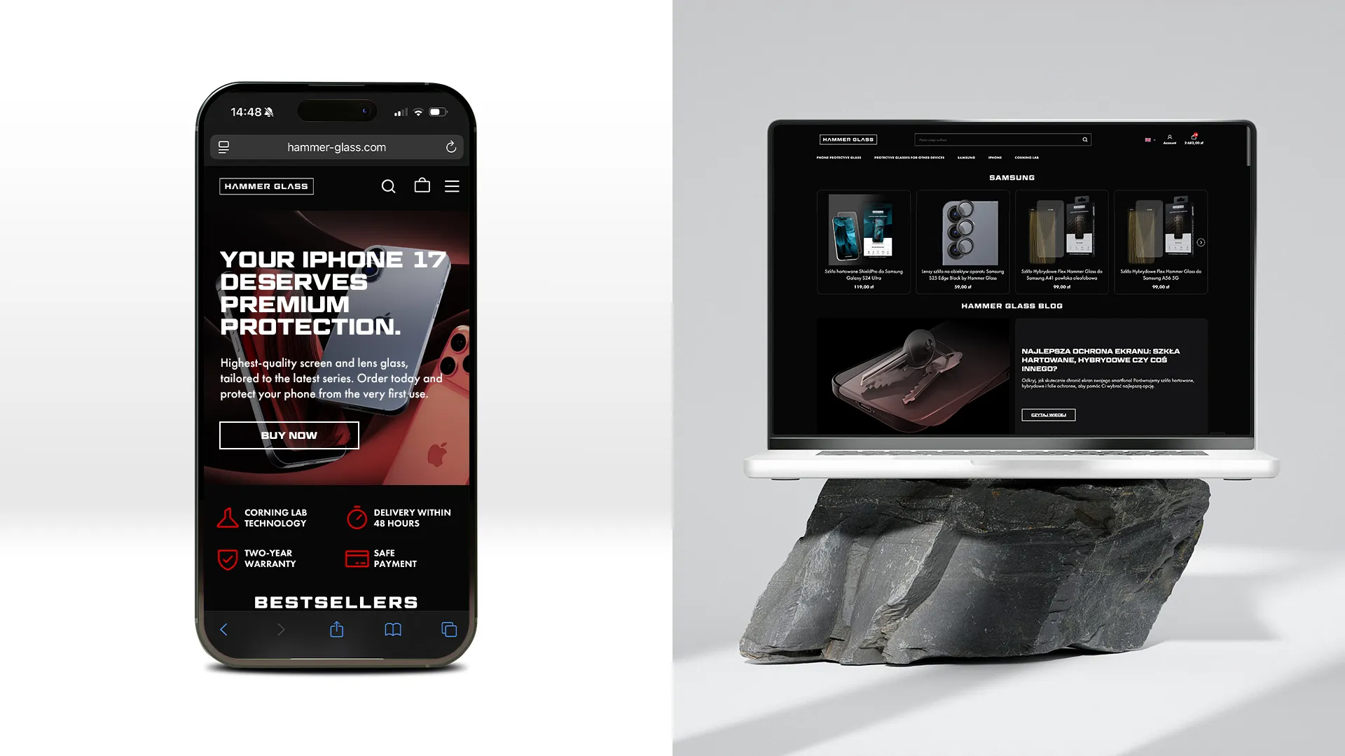 Strona internetowa Hammer Glass przedstawiona w wersji mobilnej oraz na laptopie.