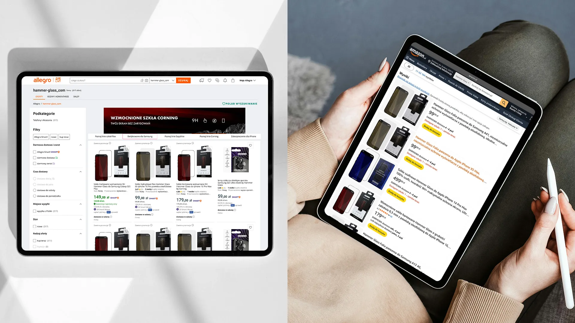 hammer glass - strony w serwisach allegro oraz amazon