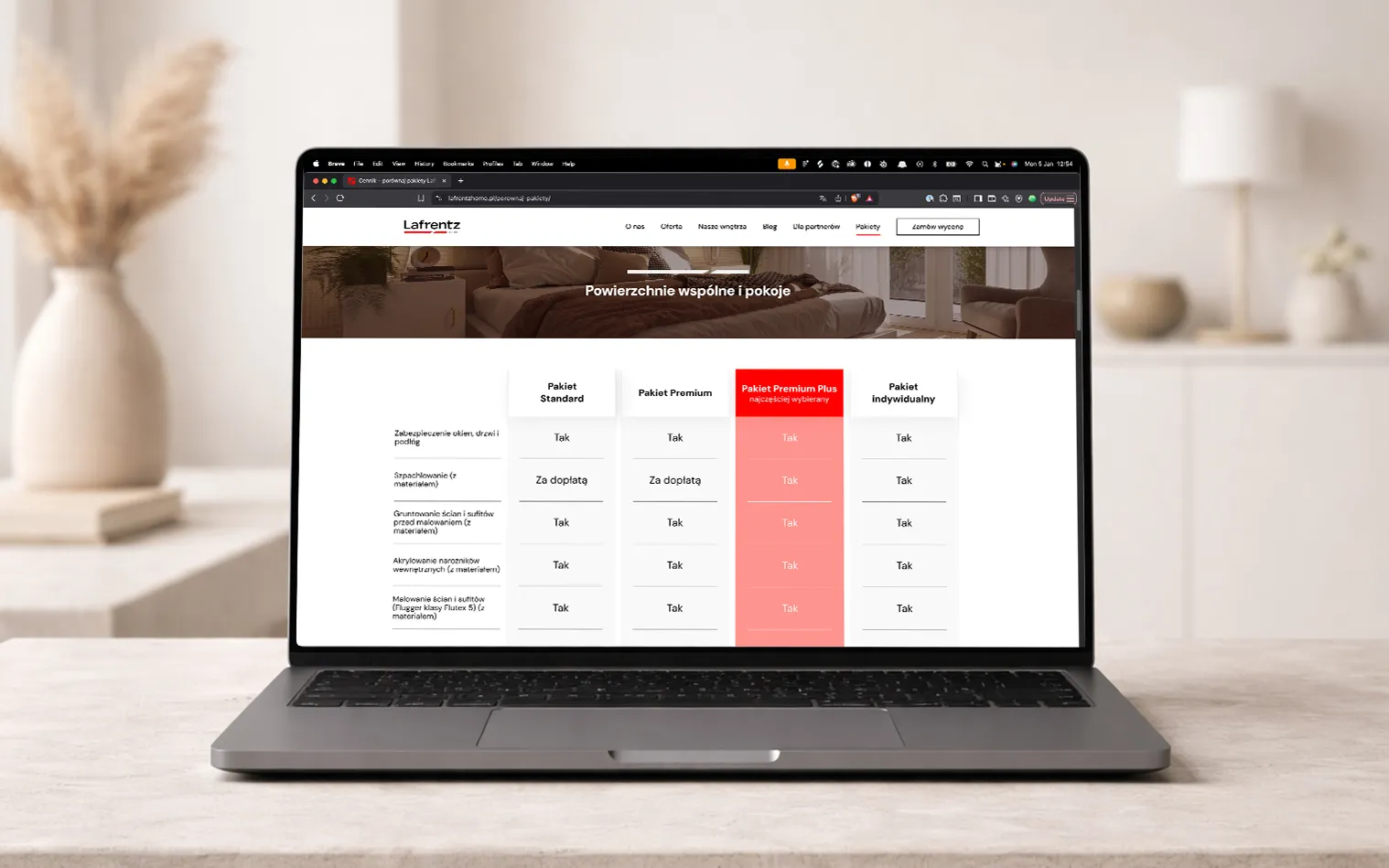 Strona internetowa Lafrentz Home - widok porównywania pakietów